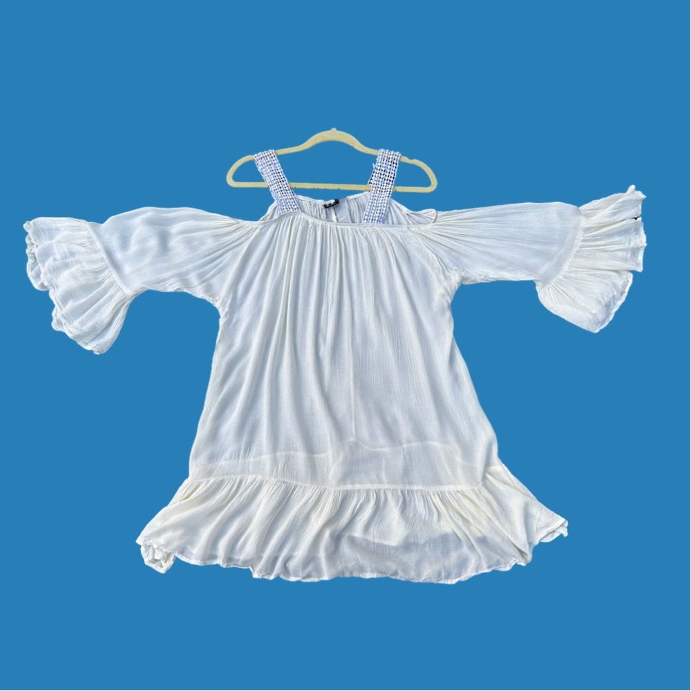 SR Fashion Cold shoulder pale yellow dress w/white straps & flowy sleeves.